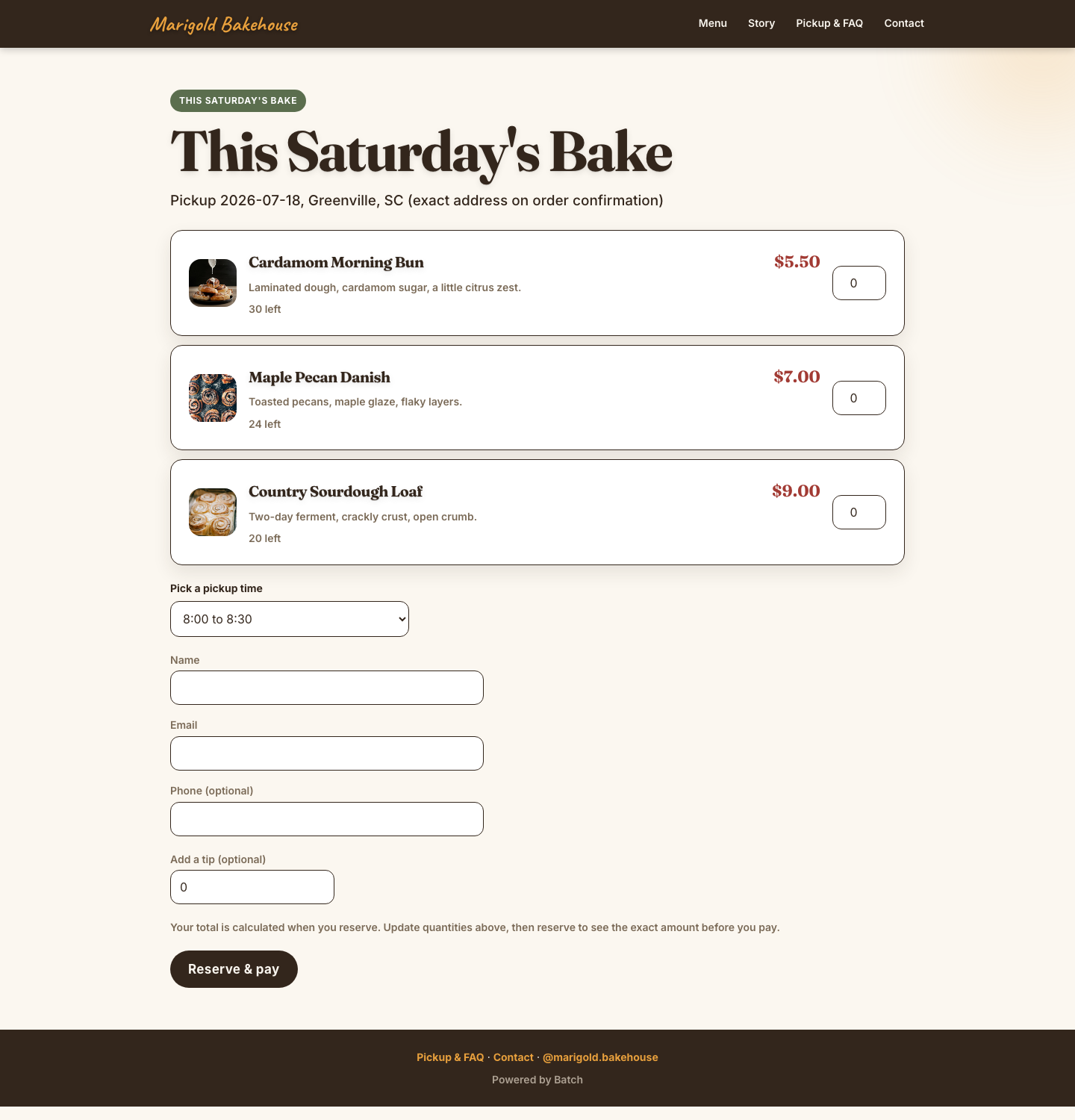 The Batch ordering page: this week's bake, a pickup window and checkout
