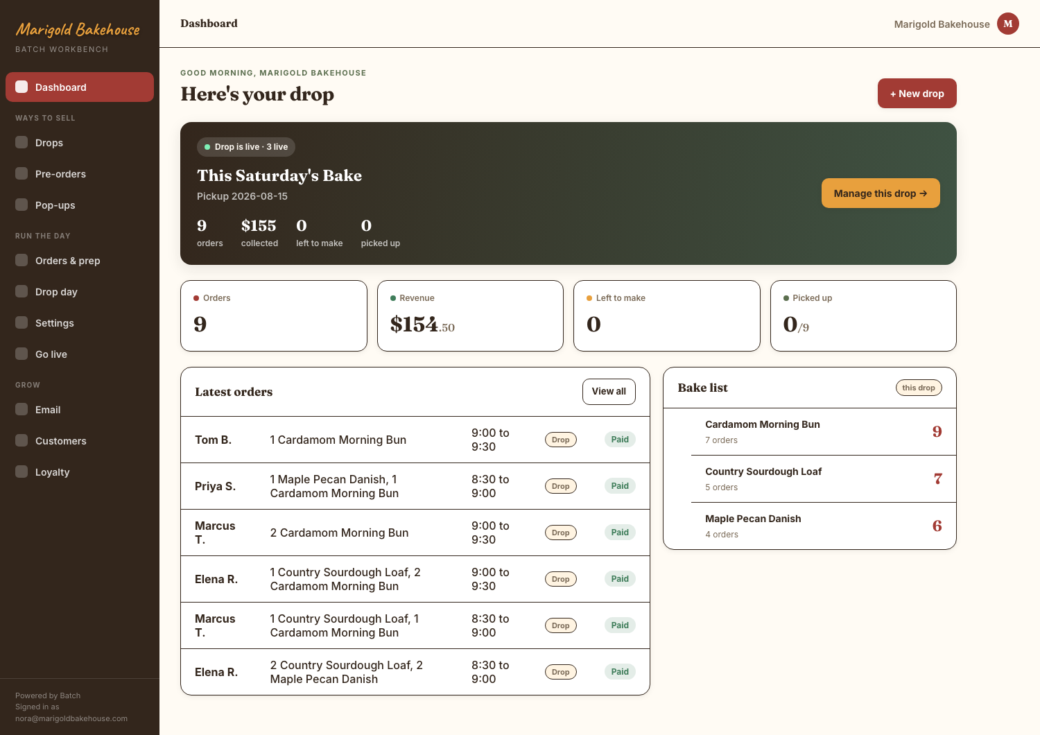 The Batch owner dashboard with orders, revenue and a bake list